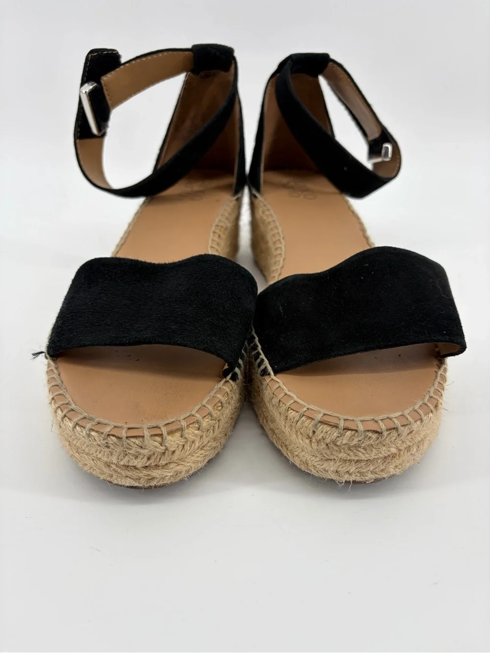 Franco Sarto Pela Platform Sandals, Black Suede, Classic Espadrille Jute Wrapped